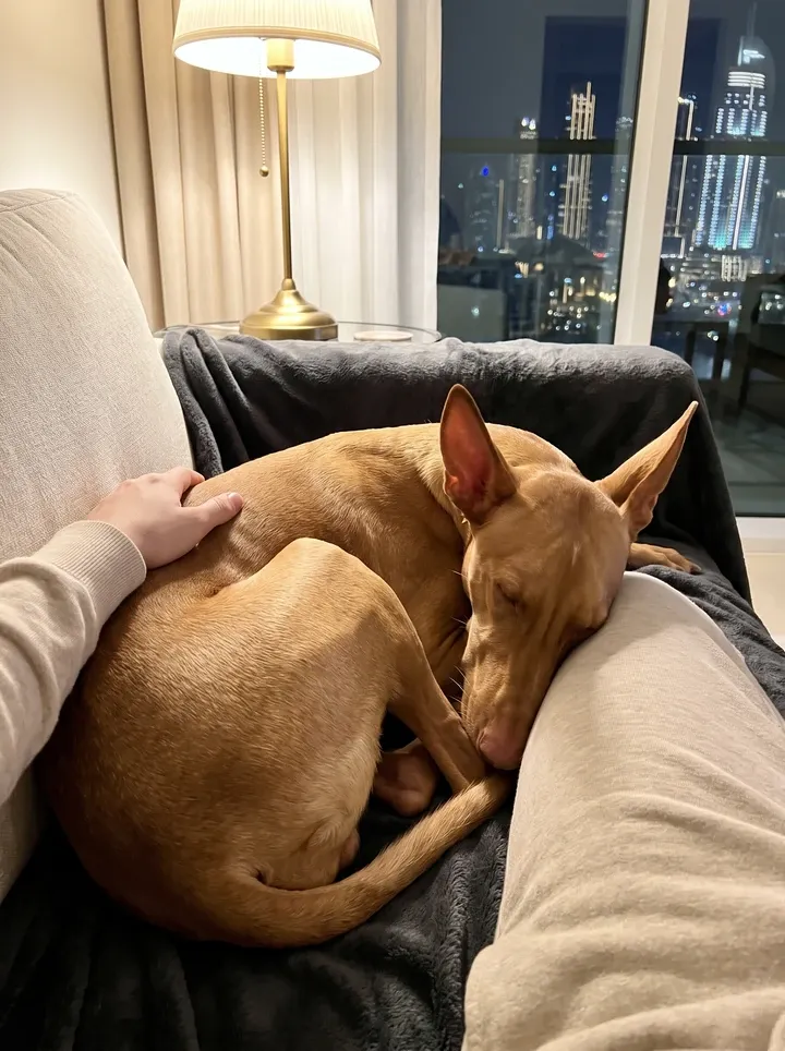Pharaoh Hound in Dubai, a pale tan adult asleep against a pet parent's knee at night, the skyline behind