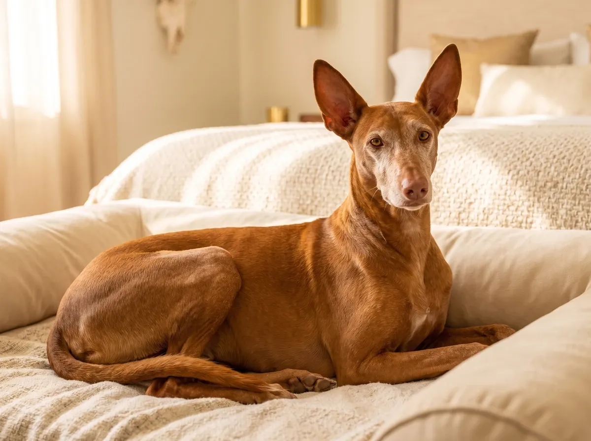 Pharaoh Hound, an older red-tan dog with a greying muzzle resting on a cushioned cream bed