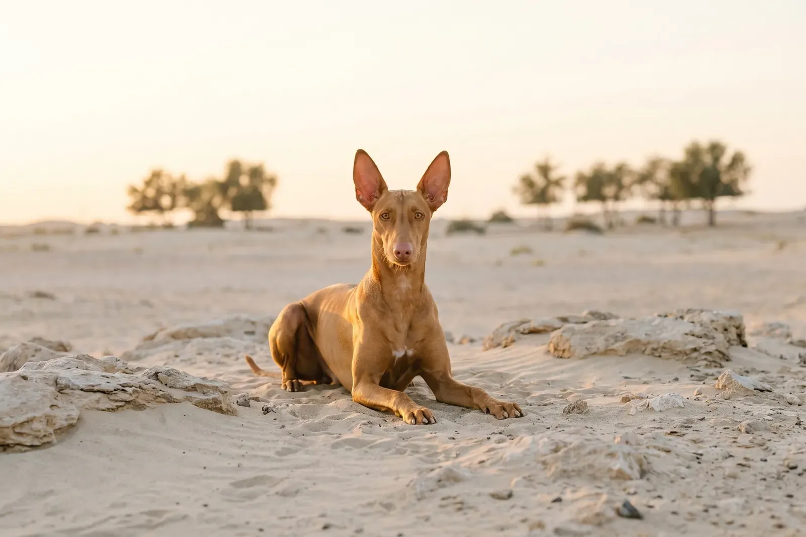 Pharaoh Hound history, the breed today, a pale tan adult lying on desert sand among low rocks, Dubai, 2026