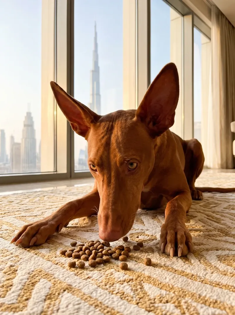 Pharaoh Hound in Dubai, the same chestnut adult sniffing kibble on a rug, the Burj Khalifa behind