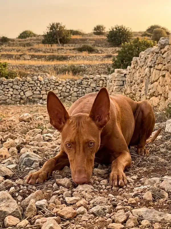 Pharaoh Hound, a chestnut adult lying nose down among stones in a field walled with dry stone in rural Malta