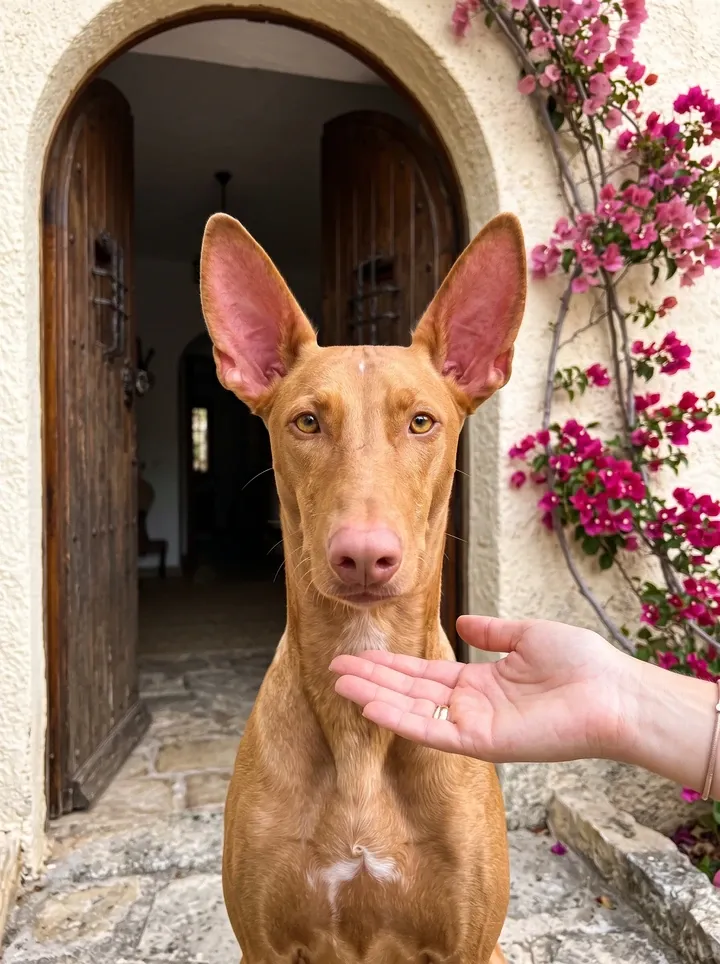 Pharaoh Hound, ears flushed pink, greeting a hand at an arched villa door hung with bougainvillea
