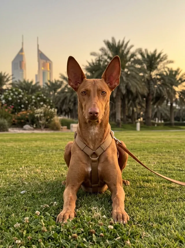 Pharaoh Hound in Dubai, a tan adult in a harness on a long line, lying on a park lawn under date palms at dusk