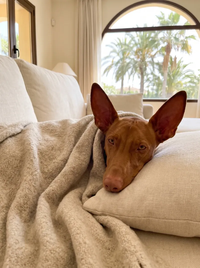Pharaoh Hound in Dubai, a chestnut adult tucked under a blanket on a sofa by an arched window onto palms