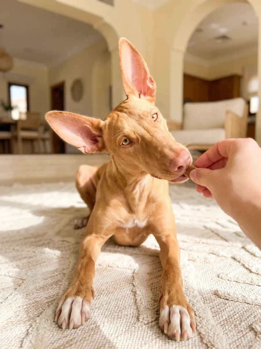 Pharaoh Hound, a young tan dog lying on a cream rug, head tilted, taking a treat from a hand