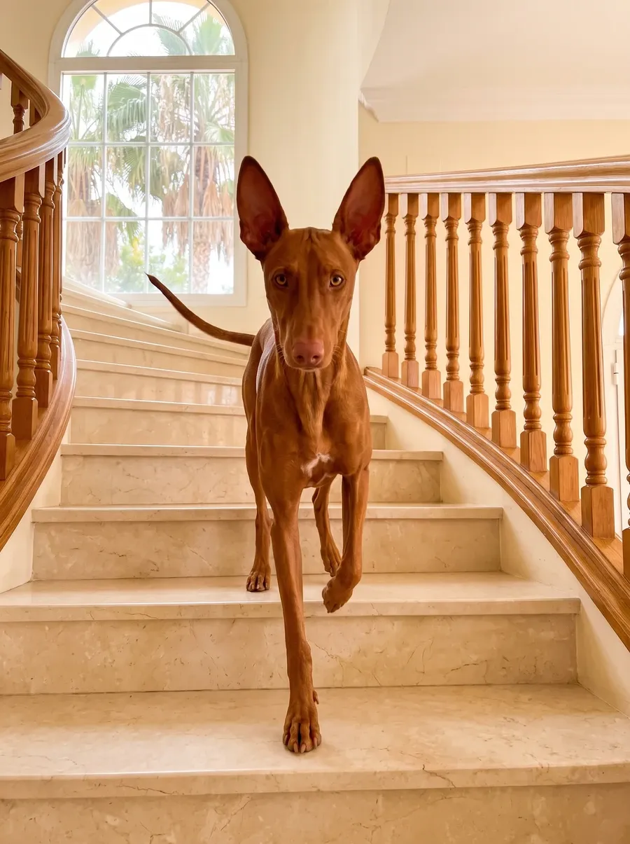 Pharaoh Hound in Dubai, a red chestnut adult stepping down a marble villa staircase, palms through the window