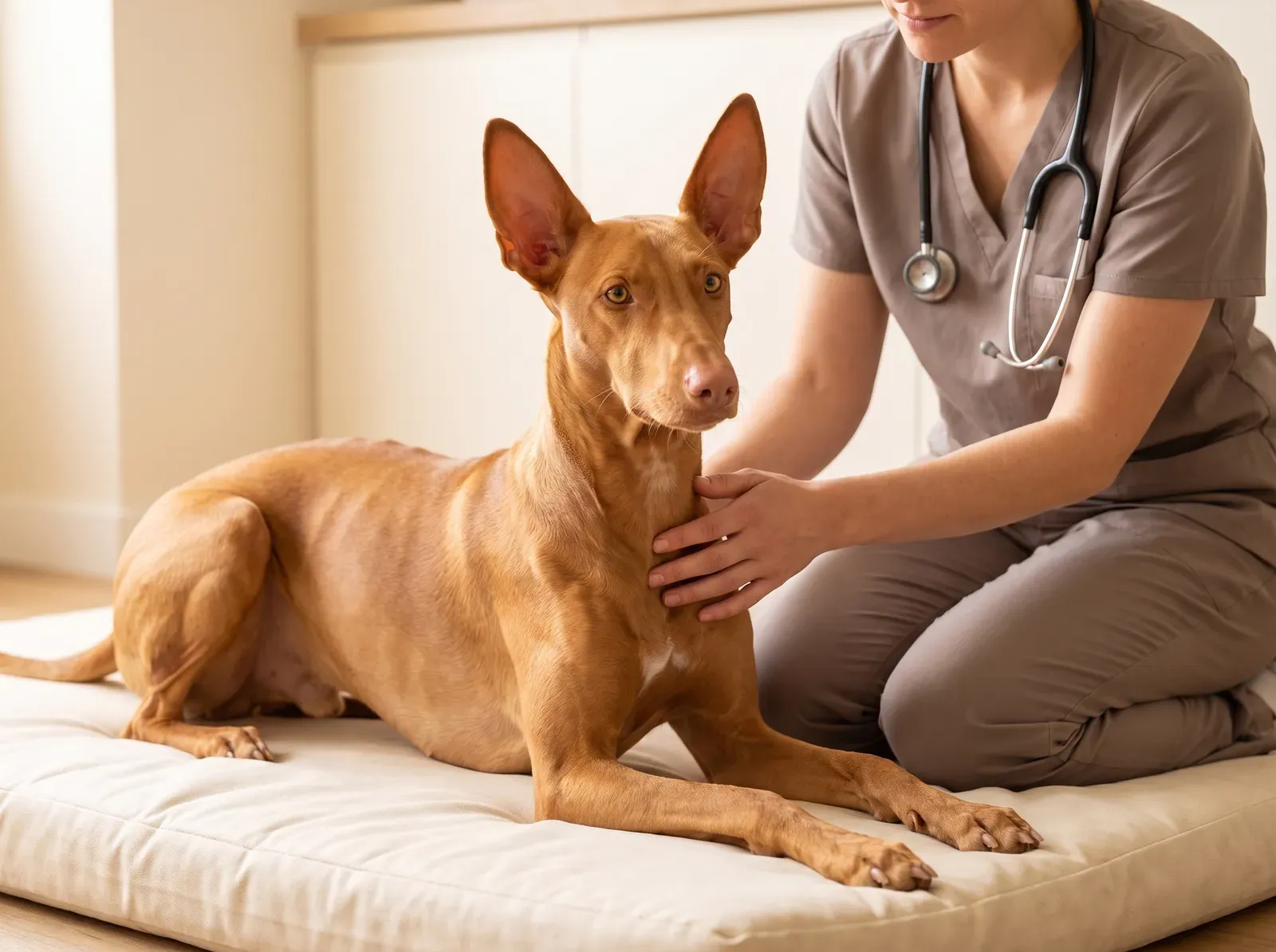 Pharaoh Hound, a golden tan adult lying on a padded mat as a vet in taupe scrubs rests a hand on their chest