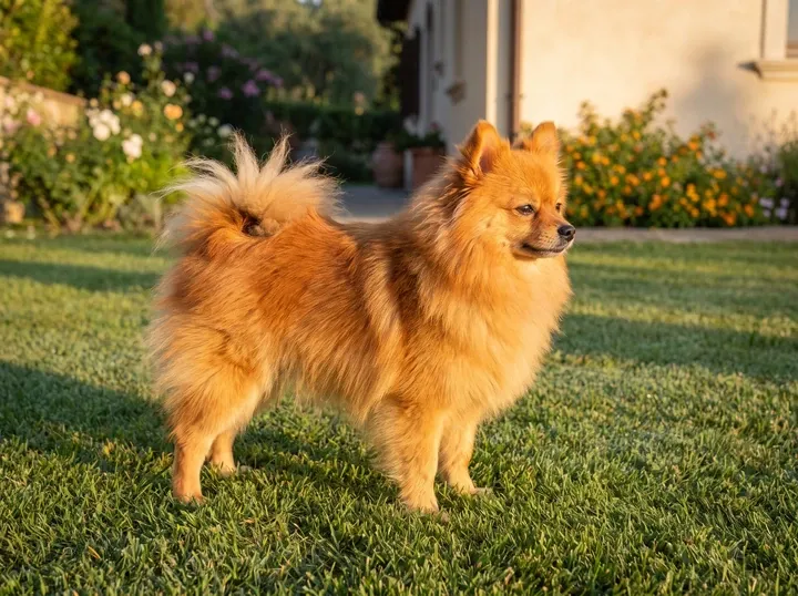 Pomeranian, an orange adult standing on a villa lawn in the early sun
