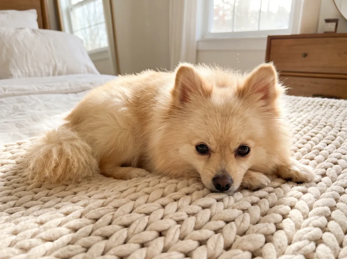 Pomeranian, a cream adult lying on a bone-coloured knitted blanket