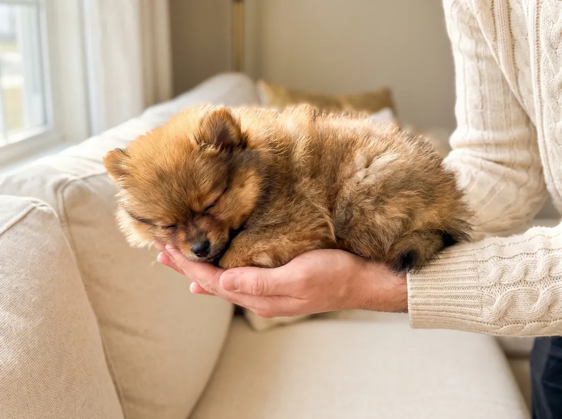 Pomeranian, a sable puppy asleep in a pet parent's cupped hands