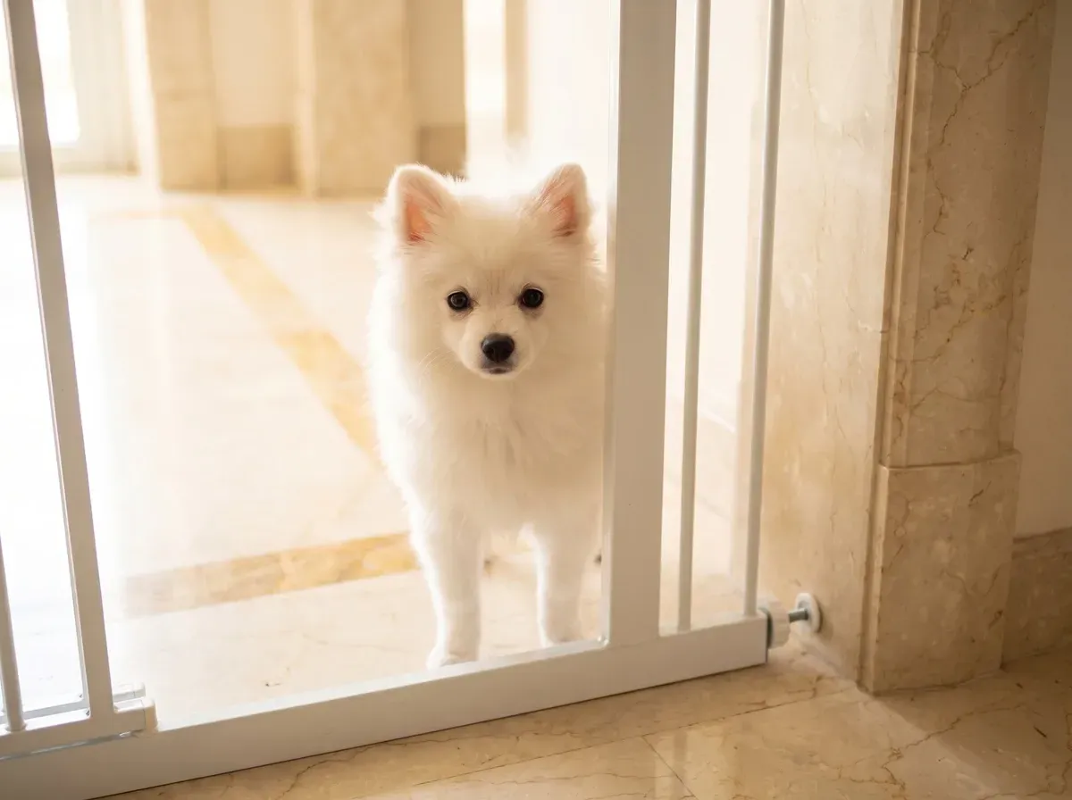 Pomeranian, a white puppy standing at an open baby gate in a marble hallway