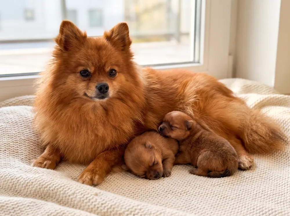 Pomeranian, a red mother lying on a blanket with two sleeping puppies close by