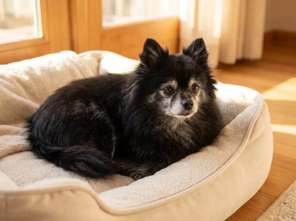 Pomeranian, an older black dog with a greying face resting in a cushioned bed