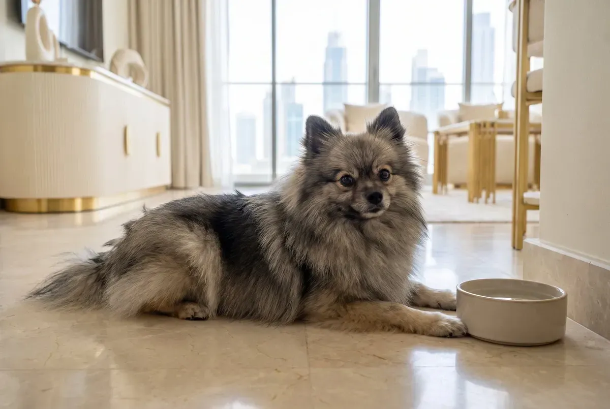 Pomeranian history, the breed today, a wolf sable adult lying on cool marble beside a water bowl in a Dubai flat