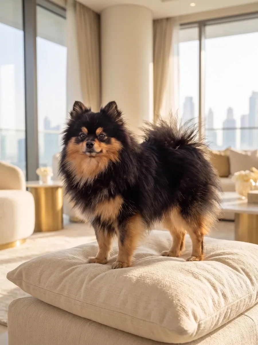 Pomeranian in Dubai, a black and tan adult on a floor cushion in a bright flat, the skyline behind