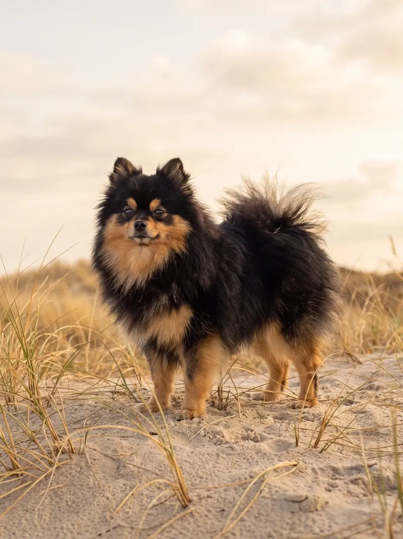 Pomeranian, a black and tan adult standing among grassy coastal dunes under a pale sky