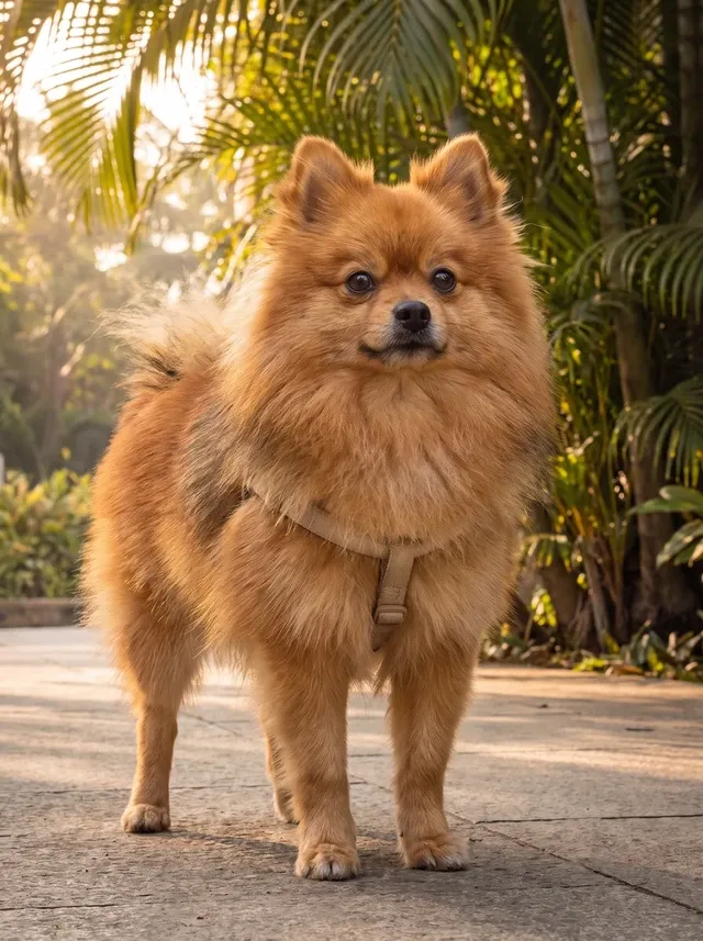 Pomeranian in Dubai, an orange adult in a plain harness standing tall on a shaded path under palms