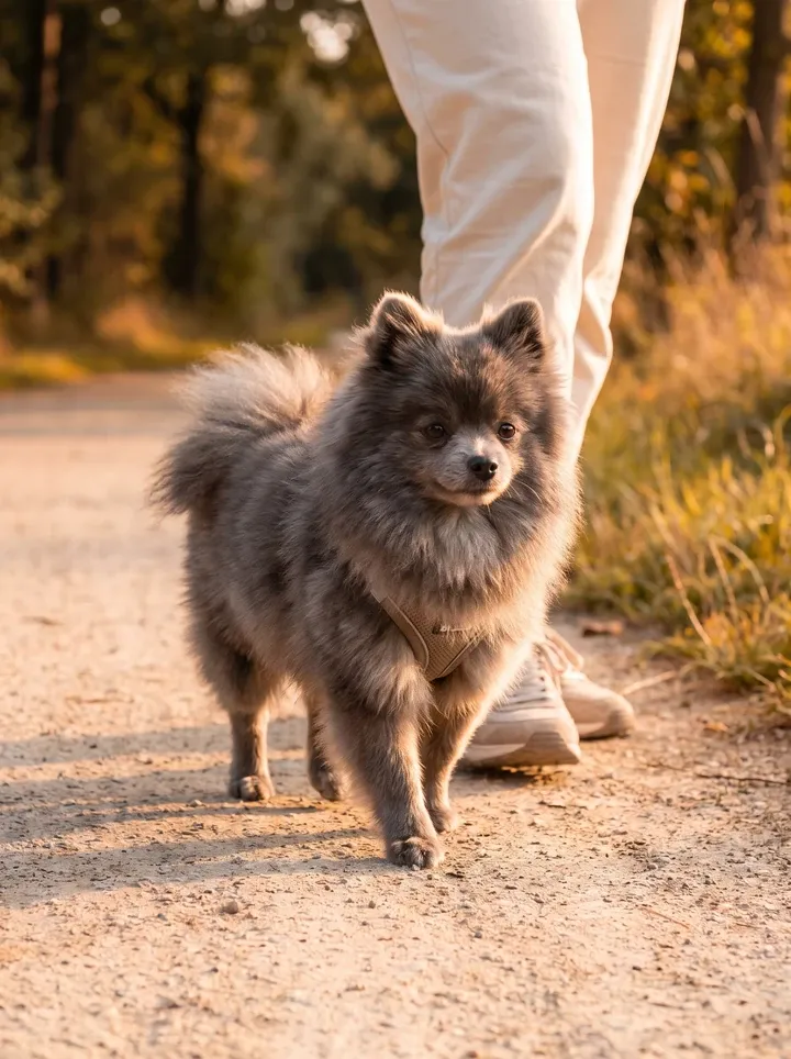 Pomeranian, a blue grey adult trotting beside a pet parent on a dirt path at dusk