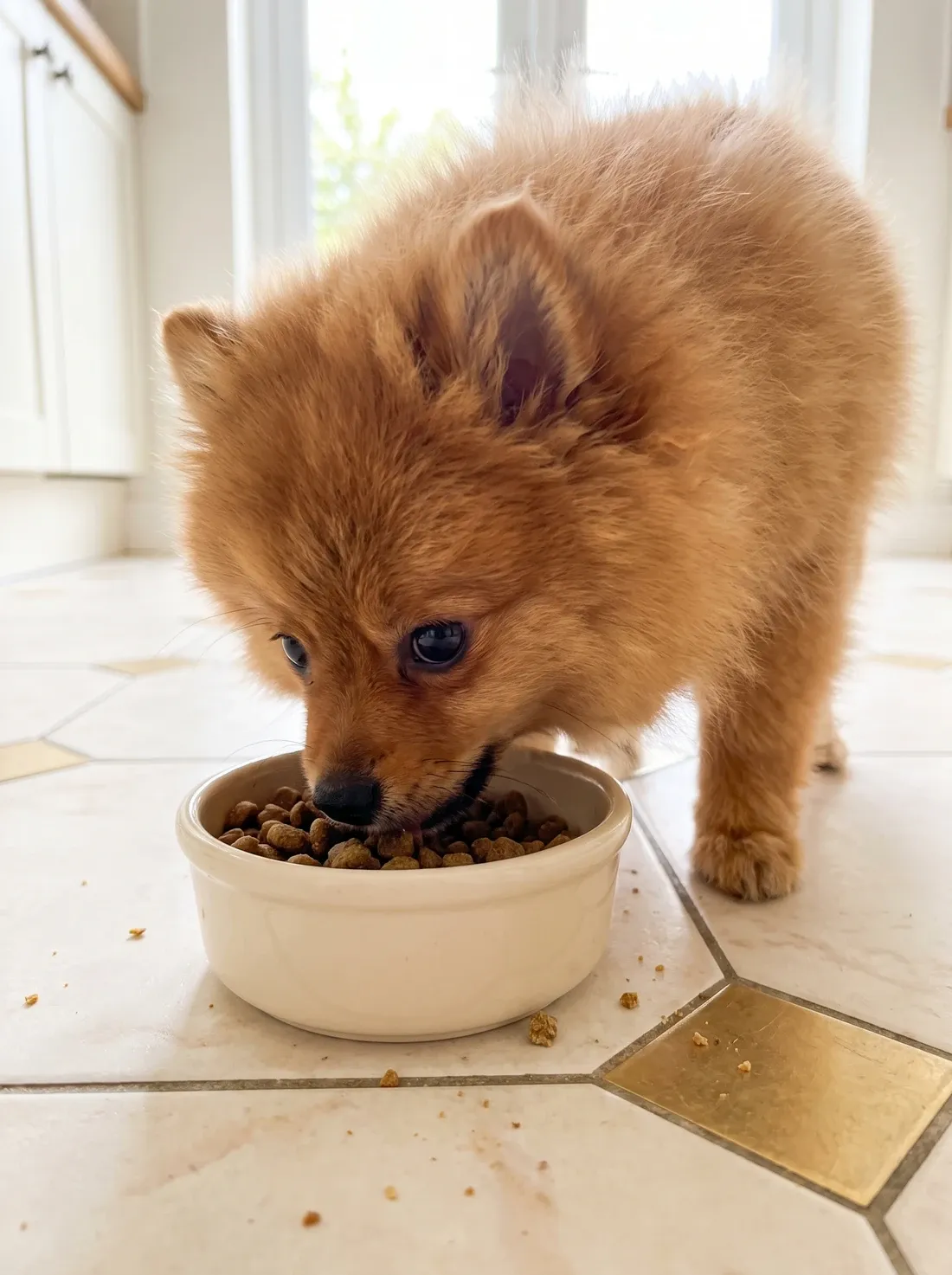 Pomeranian, a red puppy eating from a small ceramic bowl on a kitchen floor