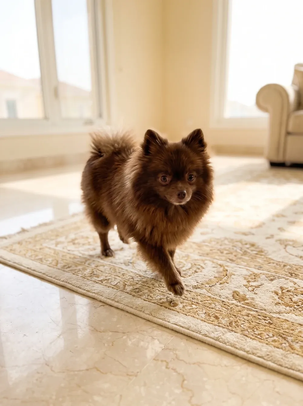 Pomeranian, a chocolate adult trotting across a rug laid over a cream marble floor