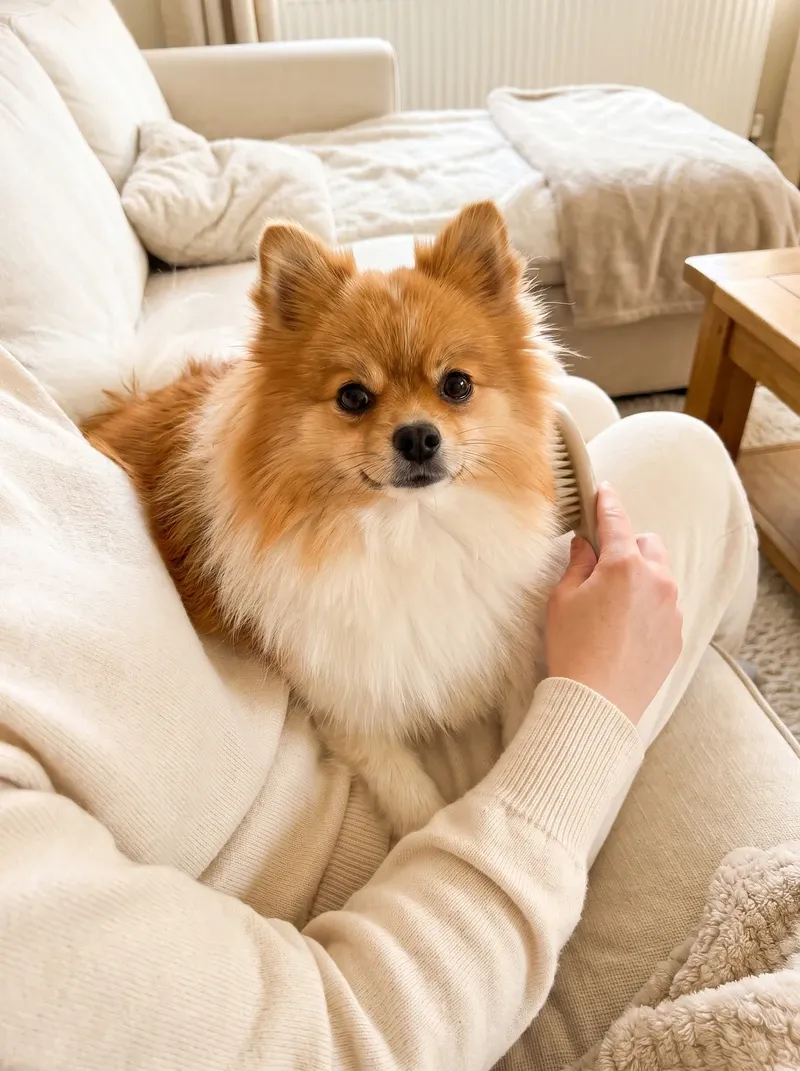 Pomeranian, a pet parent brushing the ruff of an orange and white adult sitting on a lap