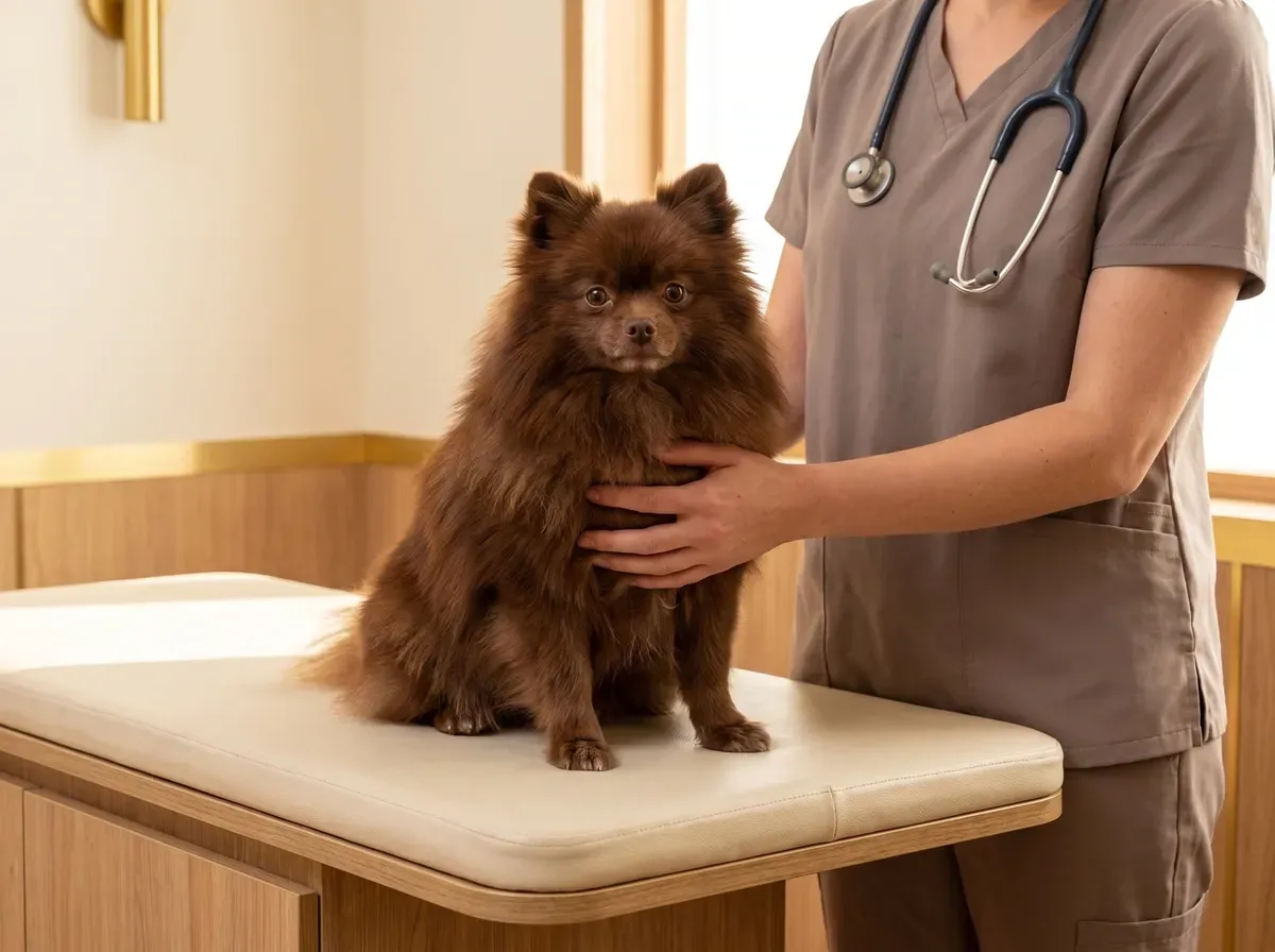 Pomeranian, a calm chocolate adult on a padded table, a vet in taupe scrubs resting a hand on the dog's chest