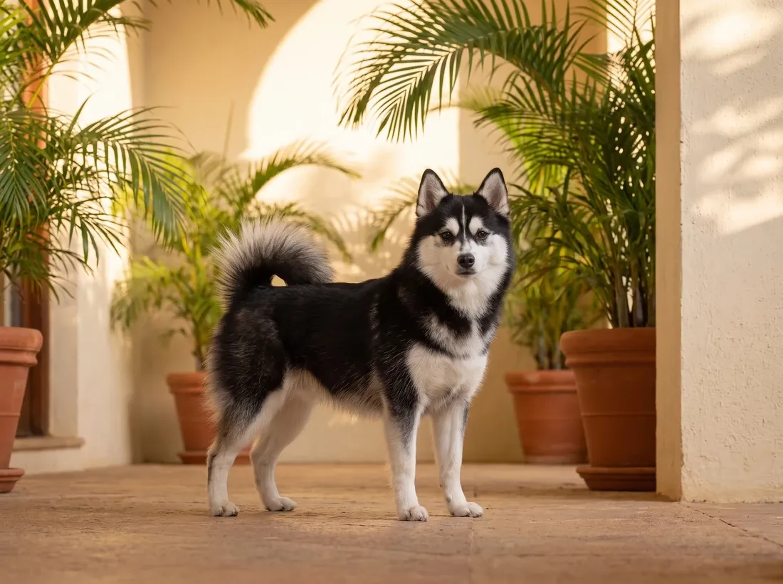 Pomsky, a black and white adult standing in a sunny courtyard among potted palms
