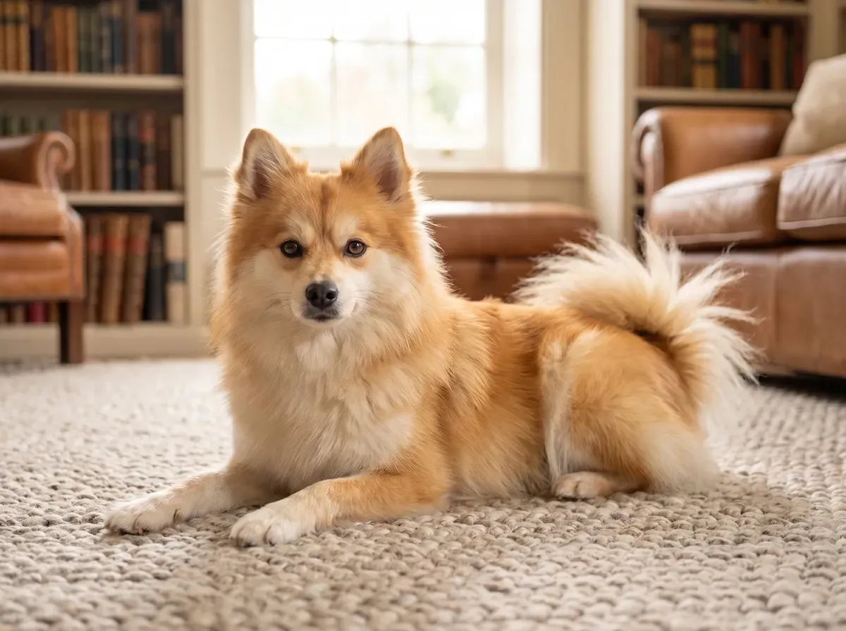 Pomsky, an orange adult lying on a woven rug in a quiet study