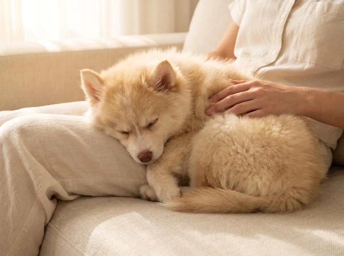 Pomsky, a cream puppy asleep in a pet parent's lap on the sofa