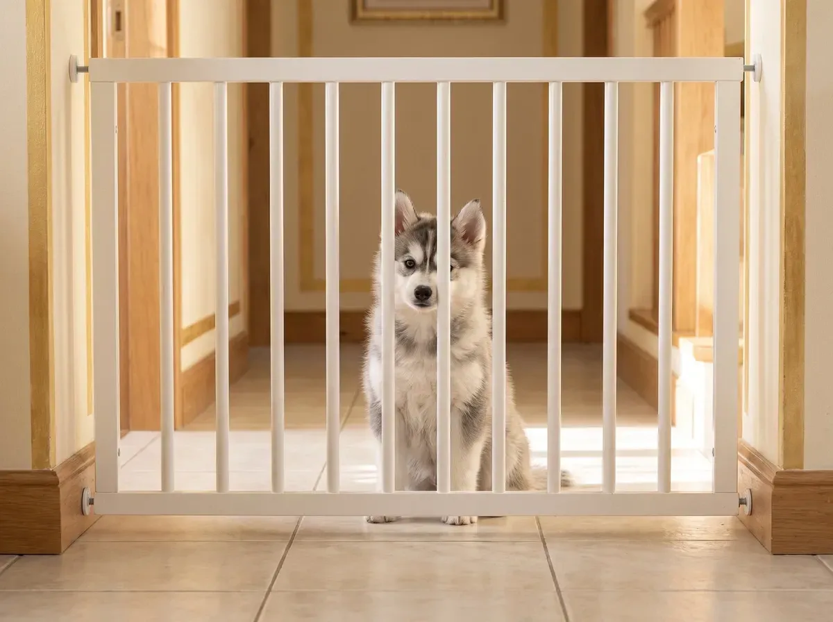 Pomsky, a grey and white puppy sitting behind a baby gate in a tiled hallway