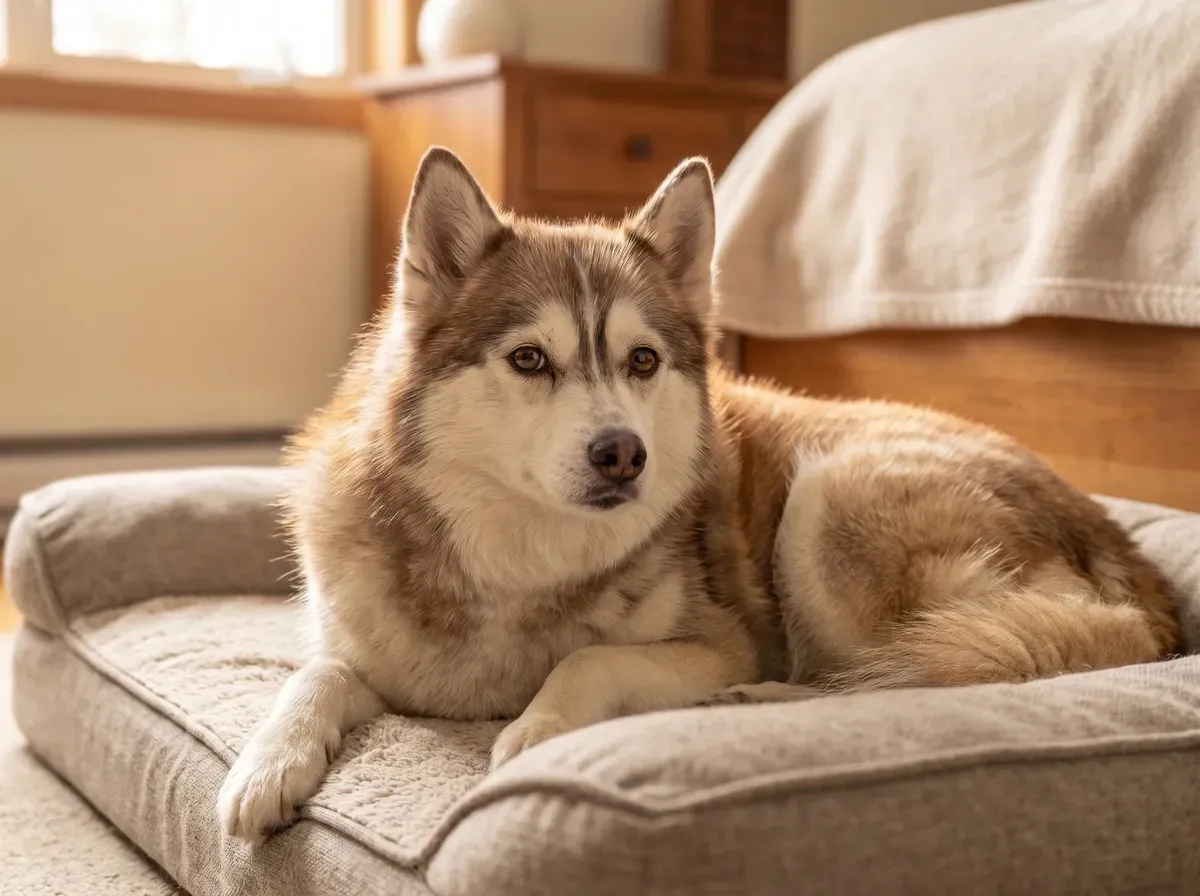 Pomsky, an older grey and white dog resting on a padded bed, eyes bright