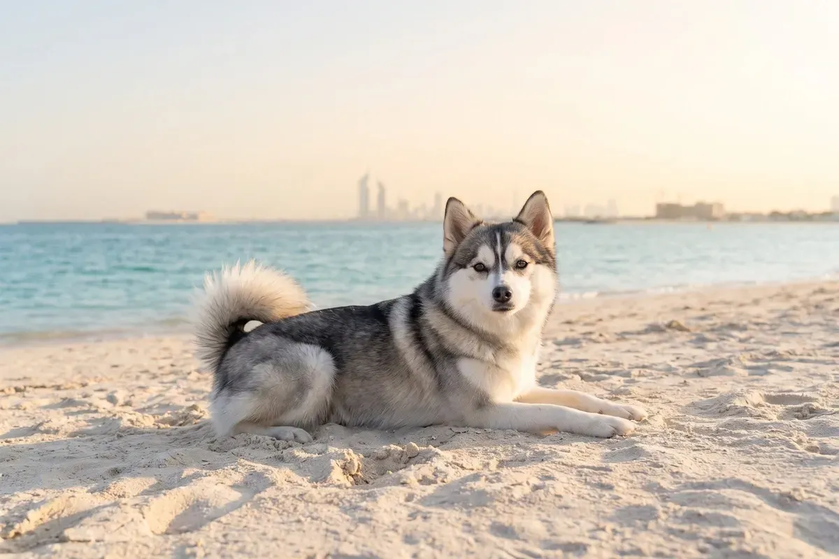 Pomsky history, the breed today, a grey and white adult lying on a Dubai beach in the morning, the sea behind