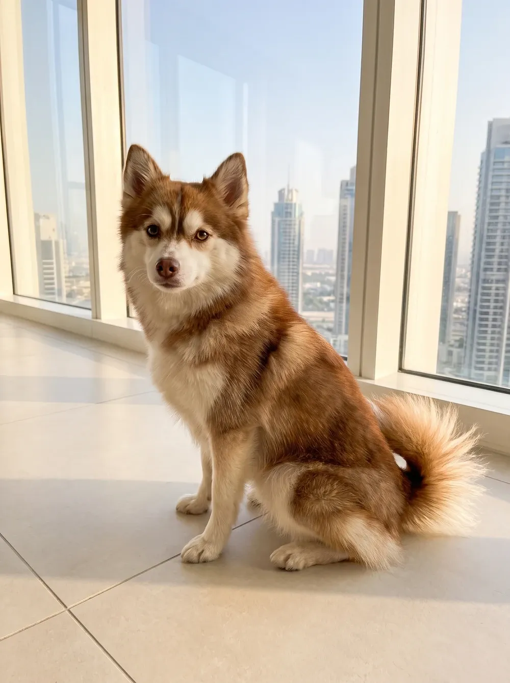Pomsky in Dubai, a red and white adult sitting on cool tiles in a flat, towers through tall windows