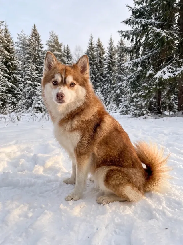 Pomsky, a red and white adult sitting in snow at the edge of a spruce forest