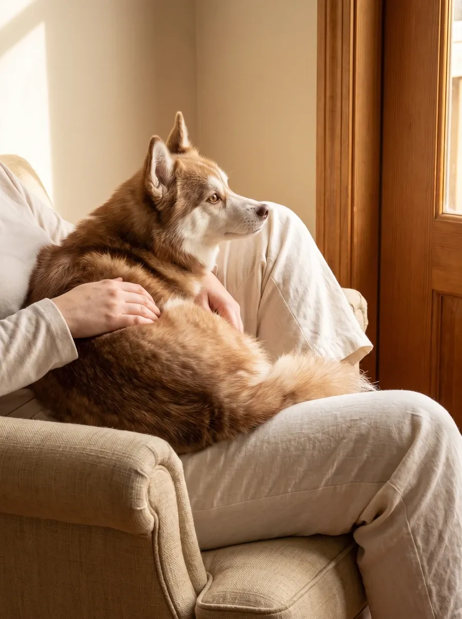 Pomsky, a red and white adult curled on a pet parent's lap in a linen armchair, ears up