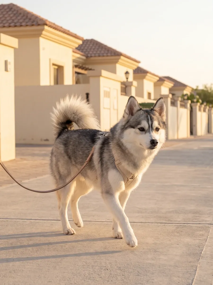 Pomsky, a grey and white adult on a lead, trotting past cream villas at dawn
