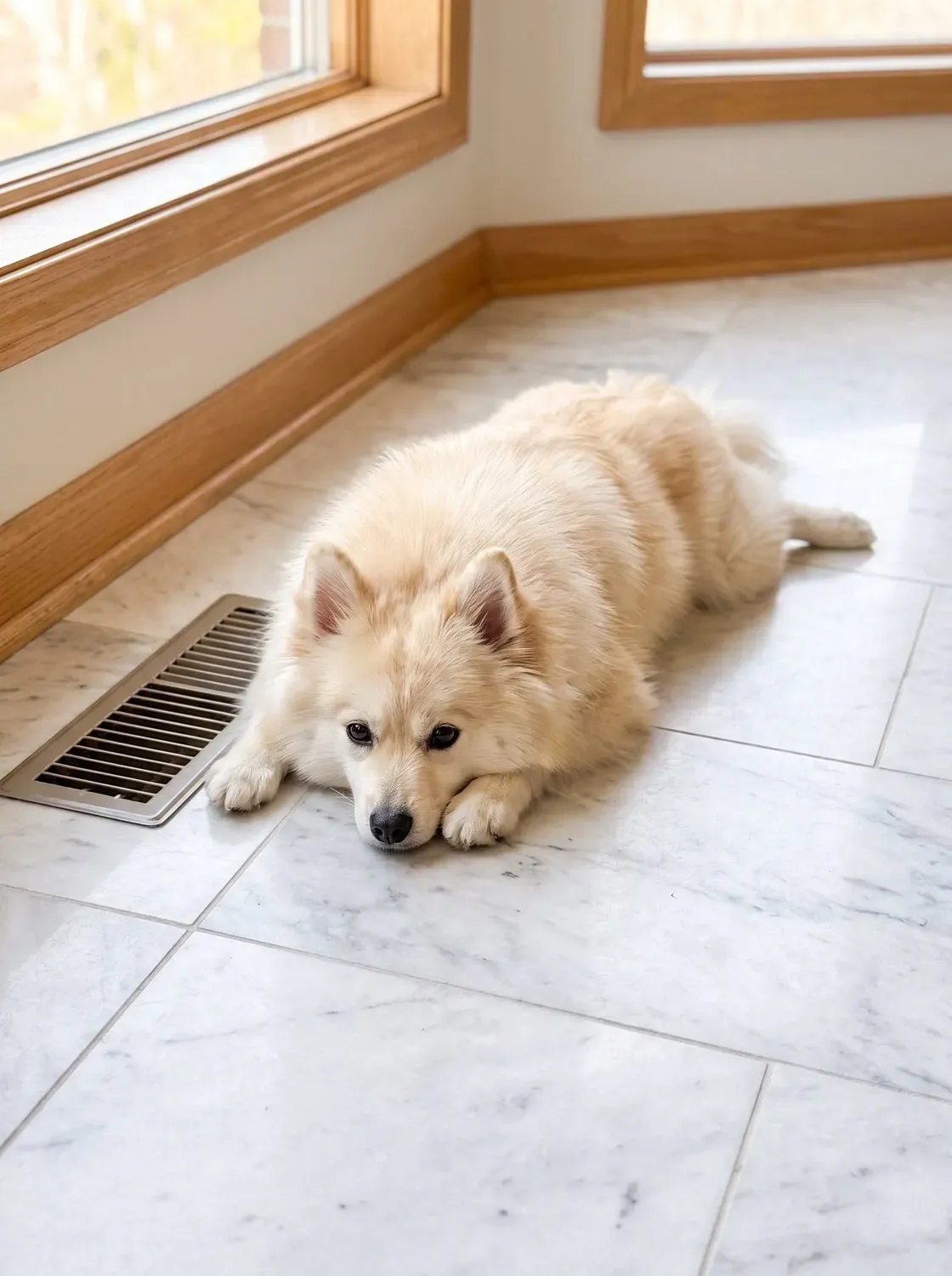 Pomsky, a cream adult lying flat on cool marble tiles beside an air-conditioning vent