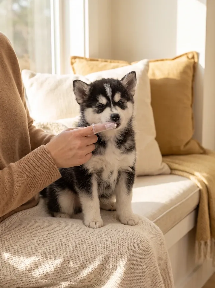 Pomsky, a black and white puppy having teeth brushed with a finger brush on a window seat