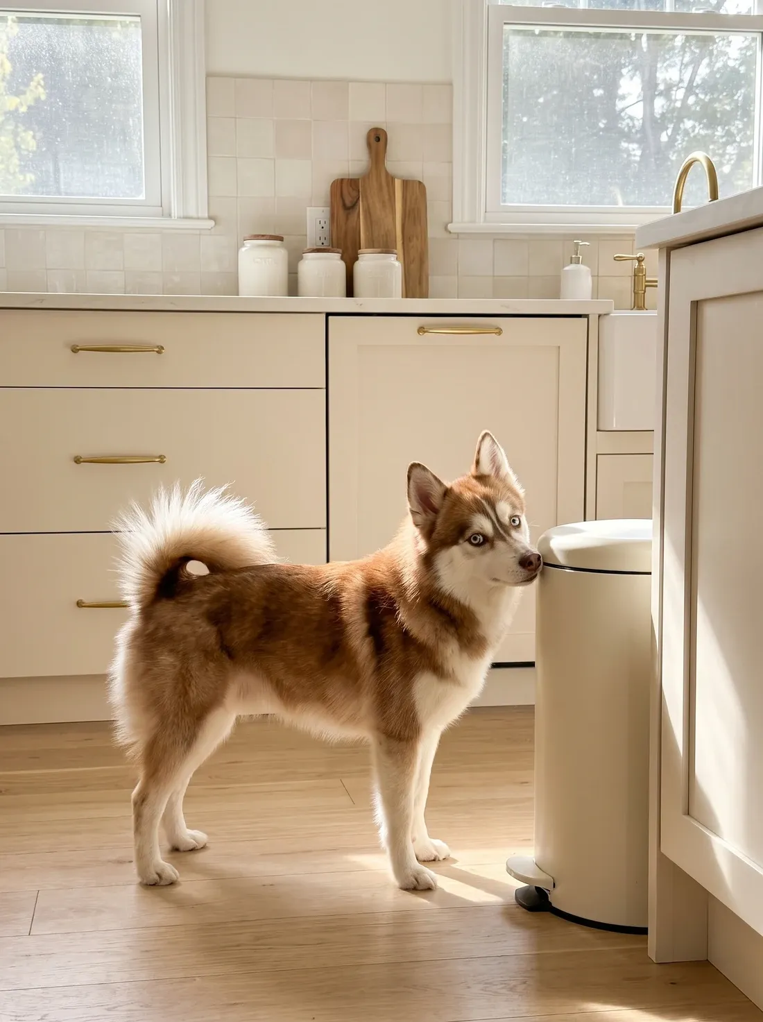 Pomsky, a red and white adult nosing at the lid of a kitchen pedal bin