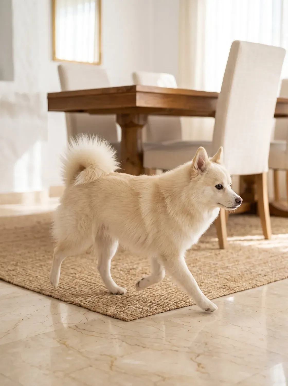 Pomsky, a cream adult trotting across a jute rug in a bright dining room