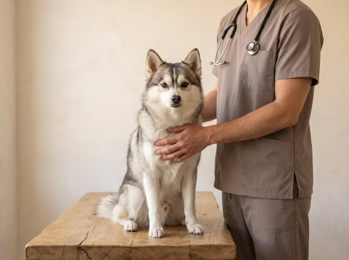 Pomsky, a grey and white adult on a timber table, a vet in taupe scrubs with a hand on the dog's chest
