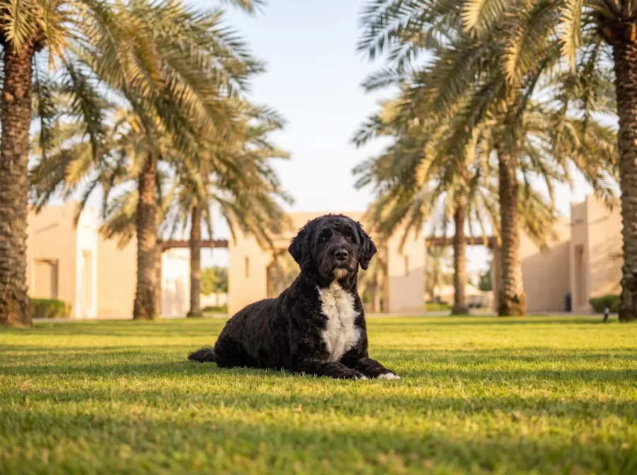 Portuguese Water Dog in Dubai, a black adult with a white chest lying on a park lawn under date palms