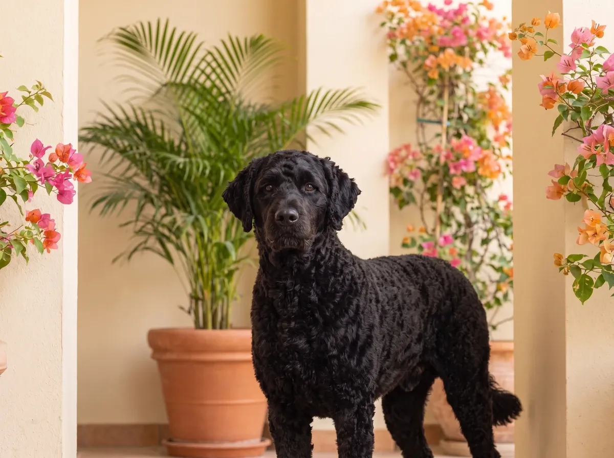 Portuguese Water Dog, a black adult with a tight curly coat on a villa terrace with bougainvillea