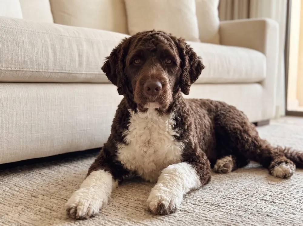 Portuguese Water Dog, a brown and white adult lying on a stone-coloured rug in front of a linen sofa