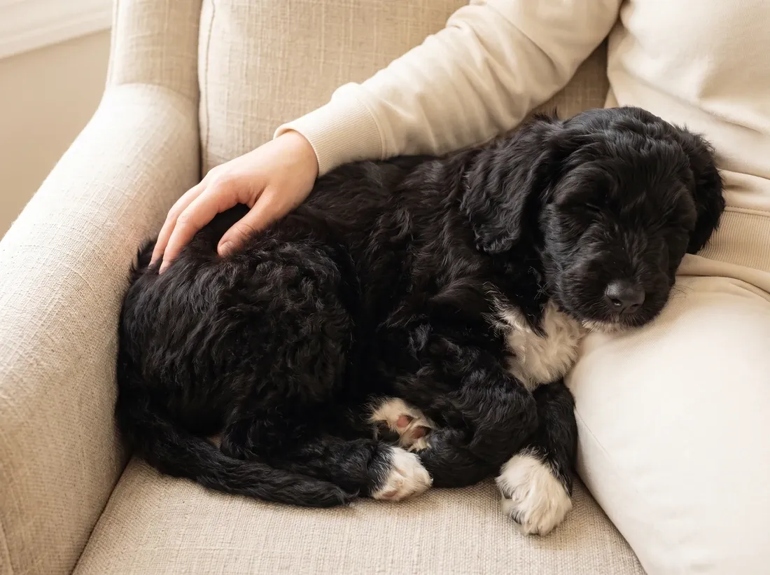 Portuguese Water Dog, a black and white puppy asleep in a pet parent's lap in a linen armchair