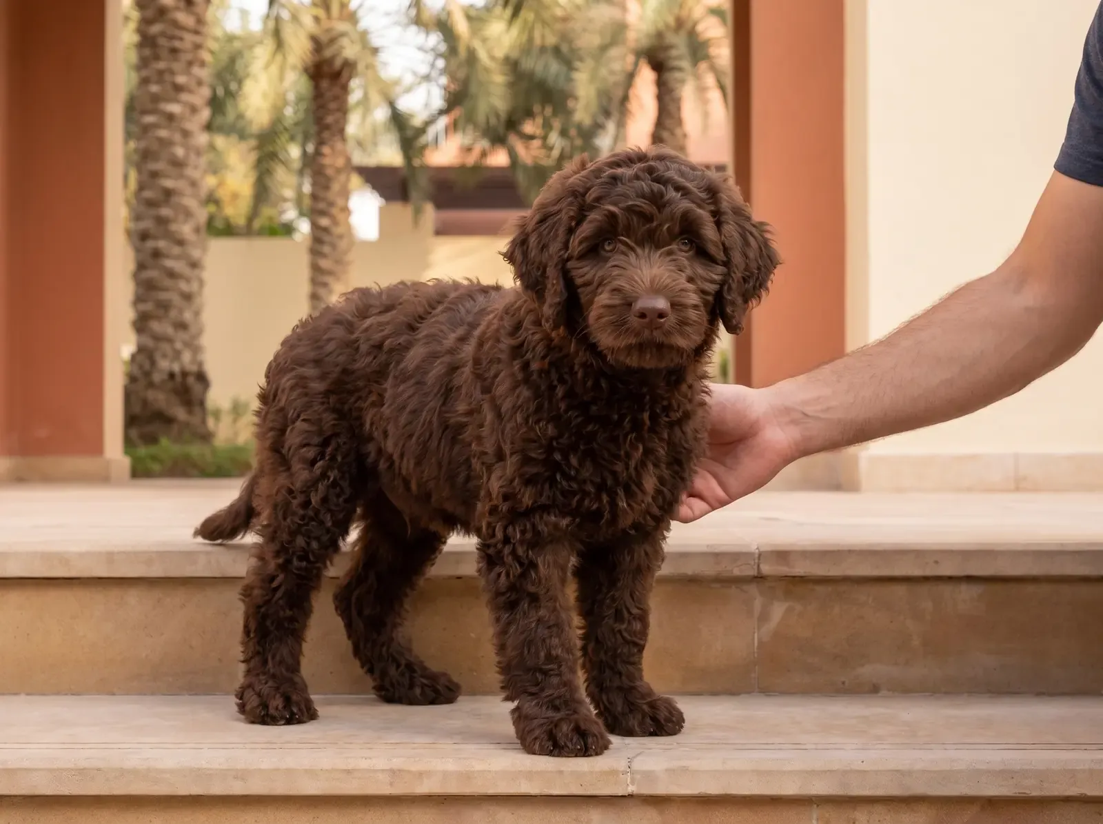 Portuguese Water Dog in Dubai, a brown puppy on villa garden steps, a hand resting on their chest, date palms behind