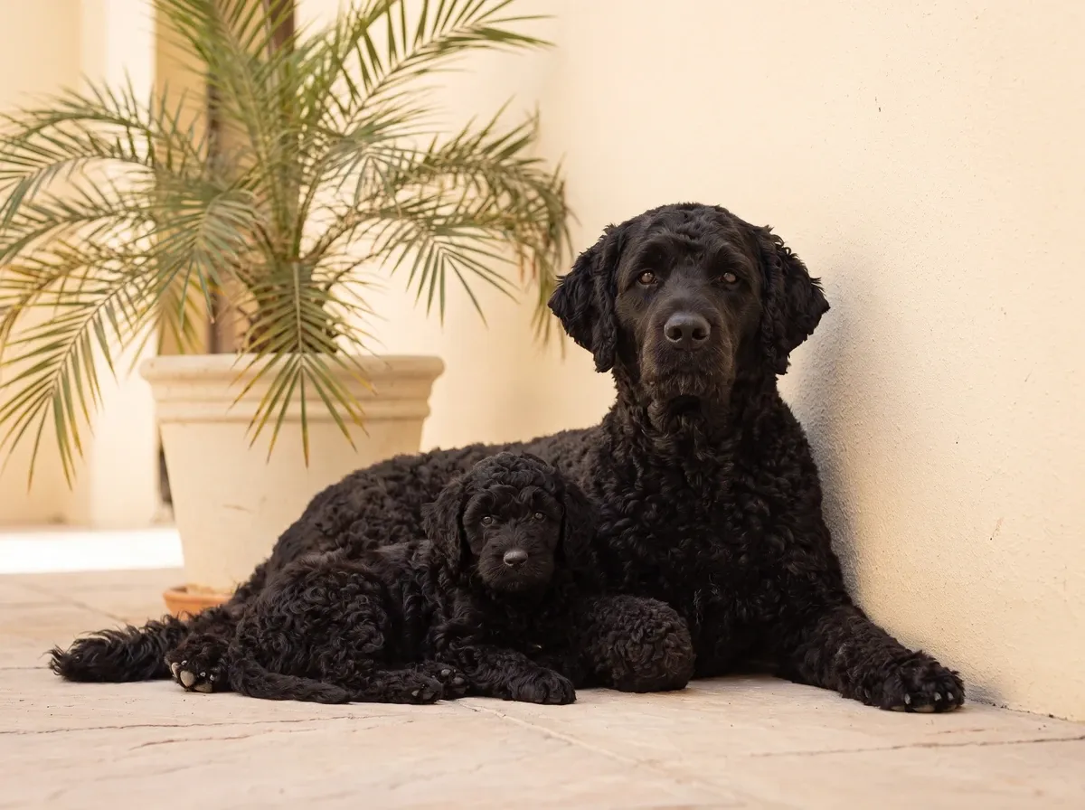 Portuguese Water Dog, a black mother and puppy lying by a cream courtyard wall beside a potted palm