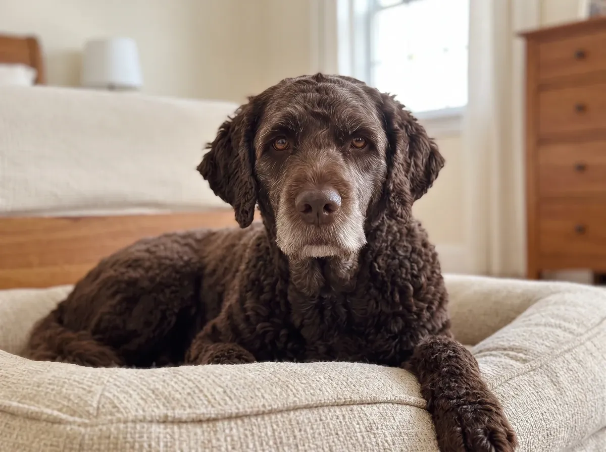 Portuguese Water Dog, an older brown dog with a greying muzzle resting on a cushioned bed in a bedroom