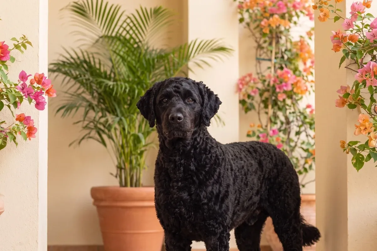 Portuguese Water Dog history, a black adult with a tight curly coat standing on a terrace with bougainvillea
