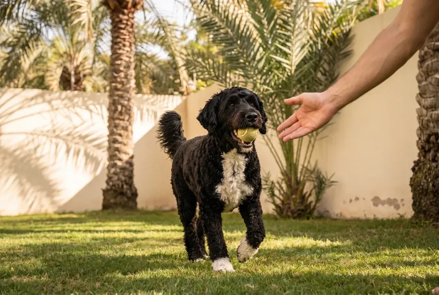Portuguese Water Dog history, the family dog today, a black and white adult with a ball in a villa garden, Dubai, 2026